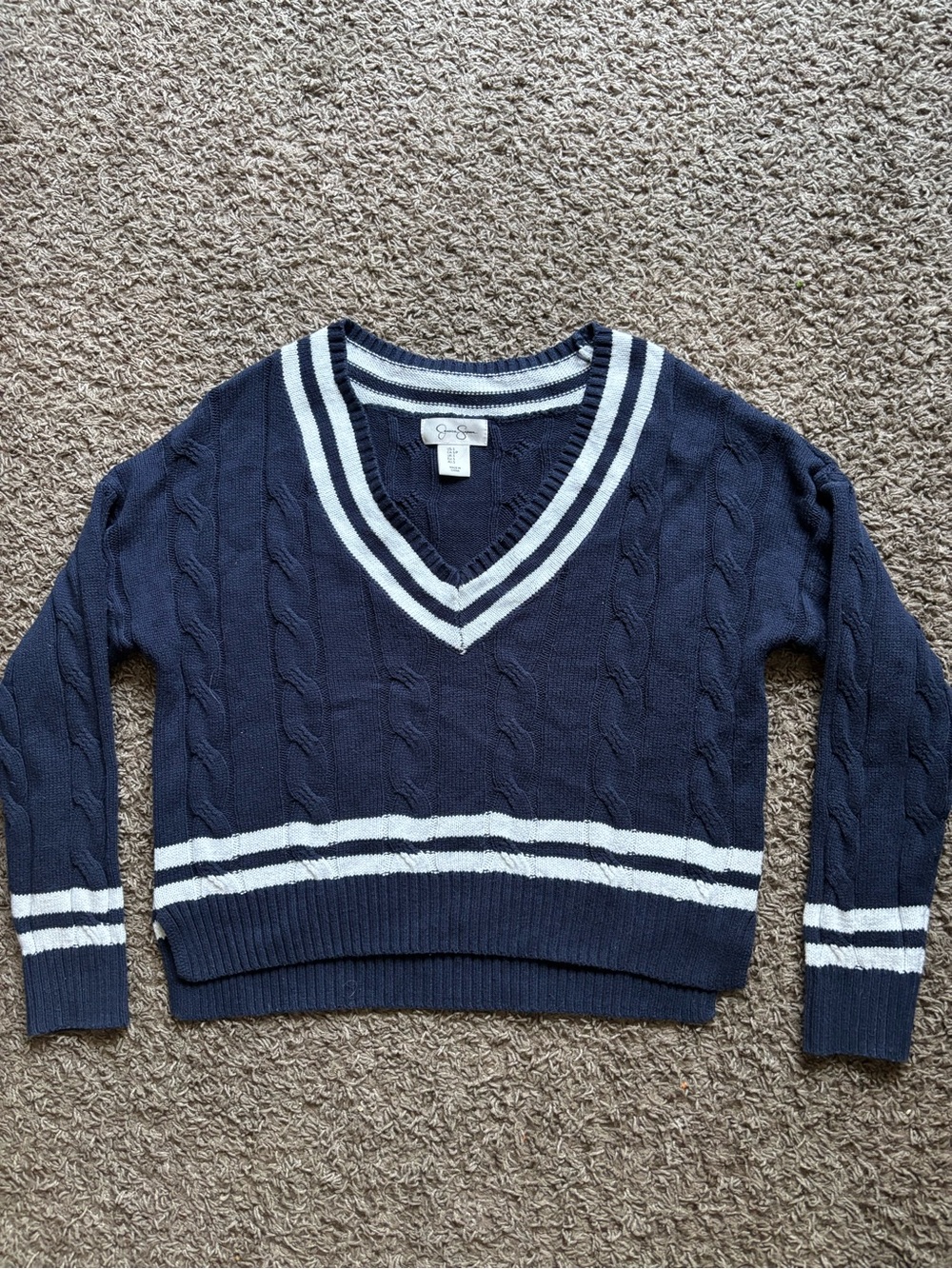Cable Knit V-Neck Sweater with Stripes - Navy and White